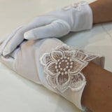 Communion Satin Lace Flower Detail Gloves - White & Off-White/Cream