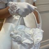 Communion Satin Lace Flower Detail Gloves - White & Off-White/Cream