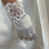 Communion Satin Lace Flower Detail Gloves - White & Off-White/Cream