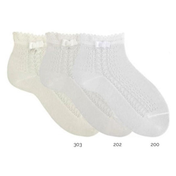 Ceremony Ankle Socks Side Openwork Bow Detail - White, Ivory & Antique Cream