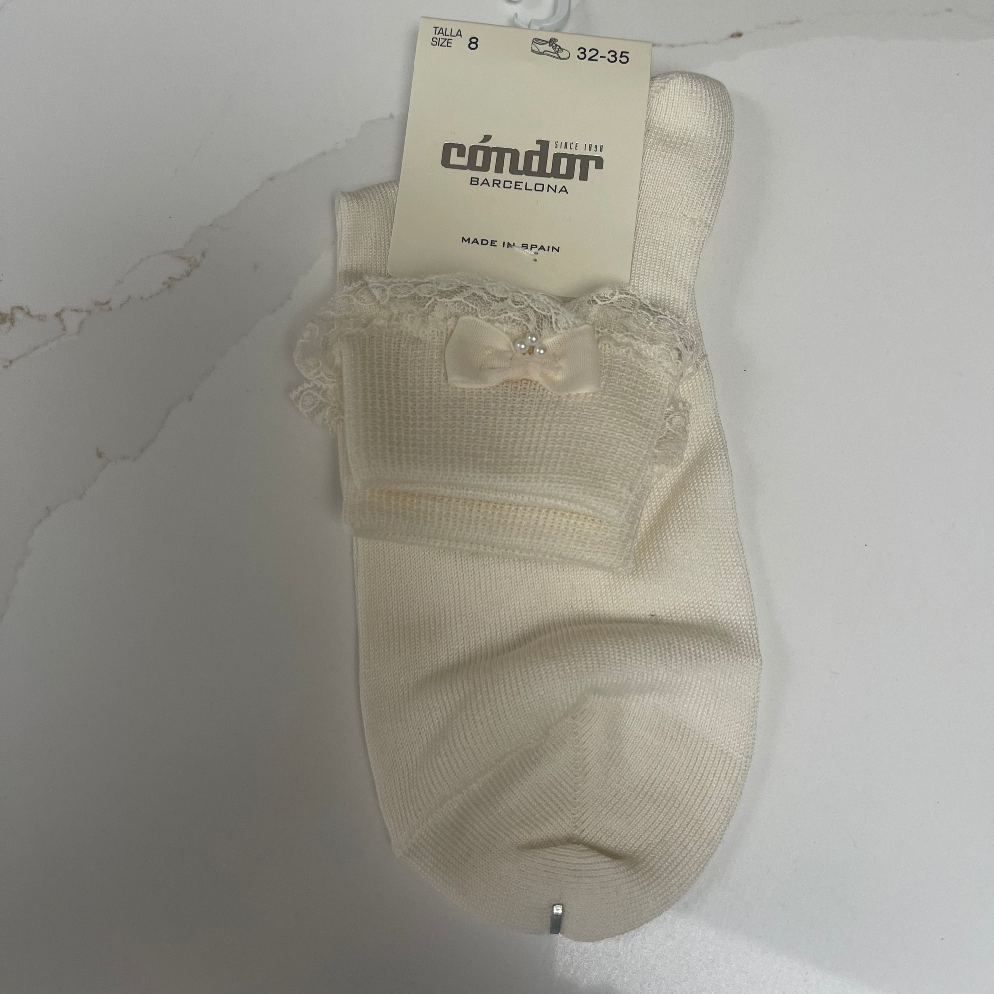 Ceremony Ankle Sock Lace Frill with Bow & Pearl Detail - White, Ivory & Antique Cream
