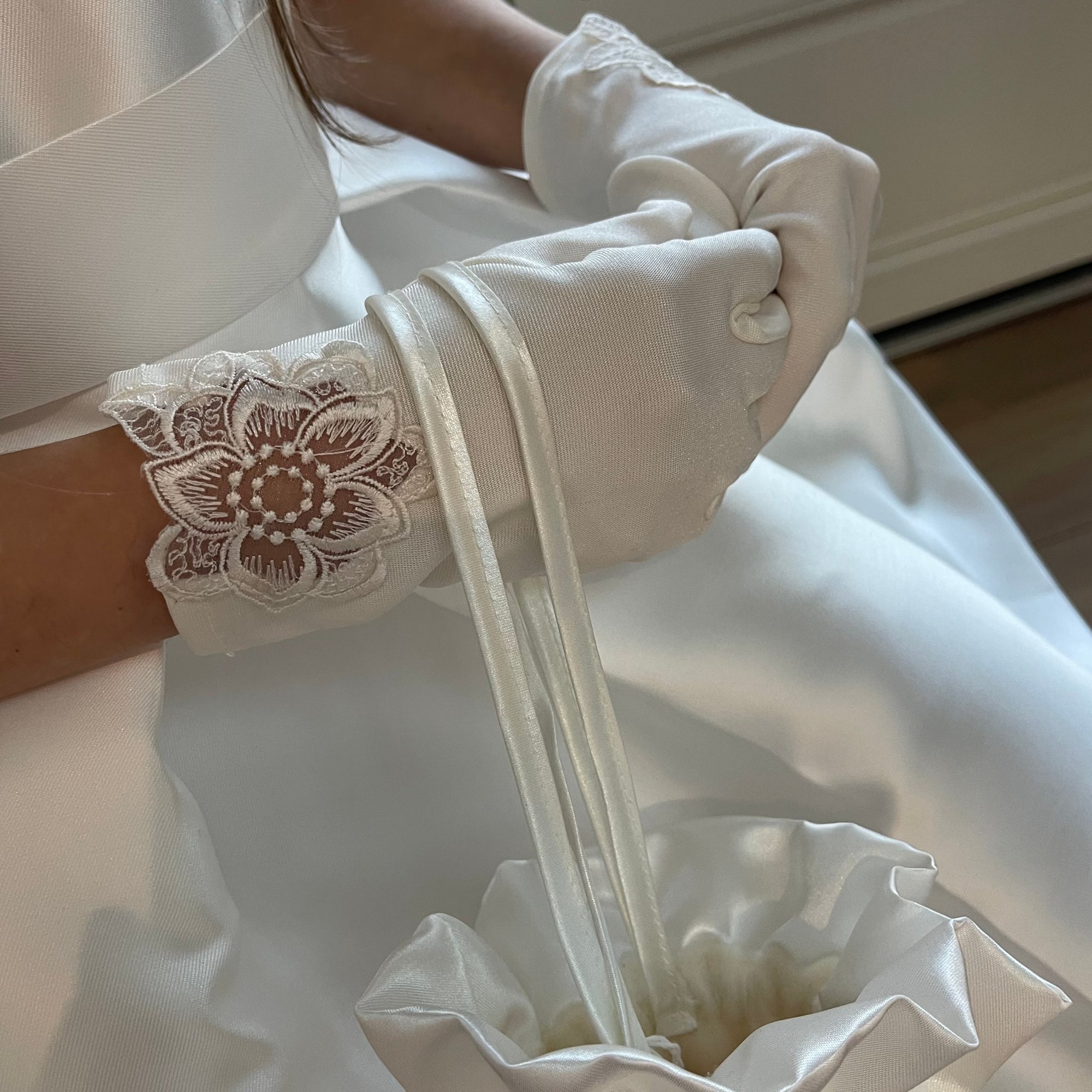 Communion Satin Lace Flower Detail Gloves - White & Ivory/Cream