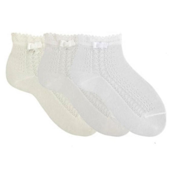 Ceremony Ankle Socks Side Openwork Bow Detail - White, Ivory & Antique Cream